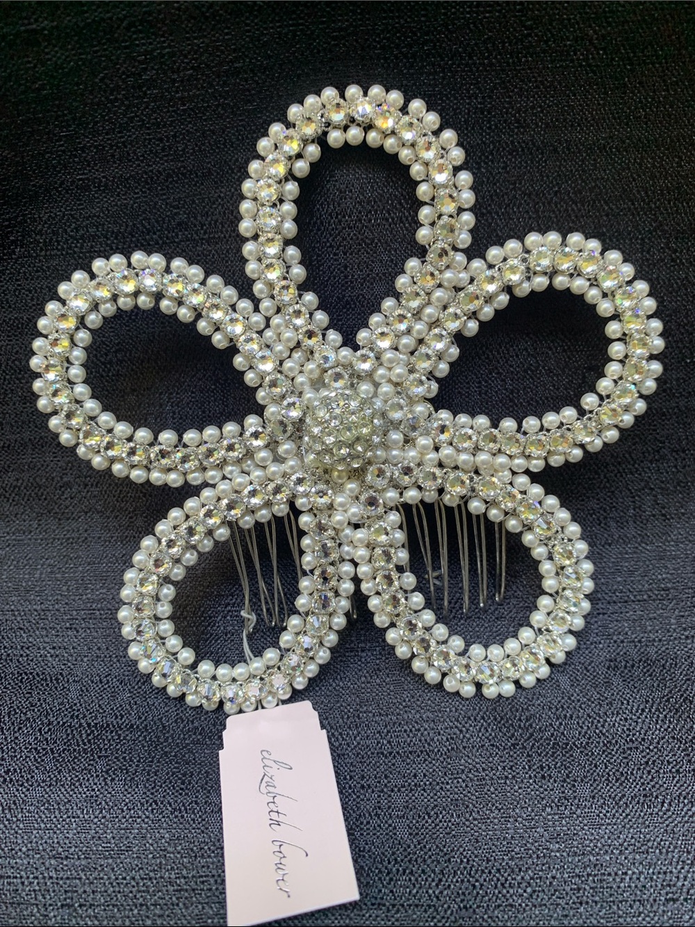 Silver Pearl & Crystal Flower Hair Comb by Elizabeth Bower 4.5” BHLDN designer